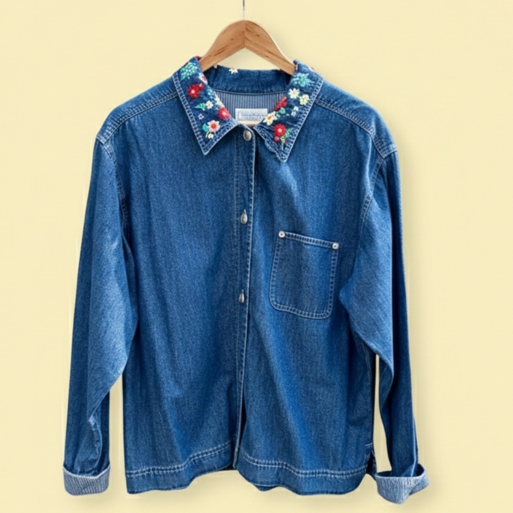 Susan Bristol Blue Button Down Shirt with Floral Collar